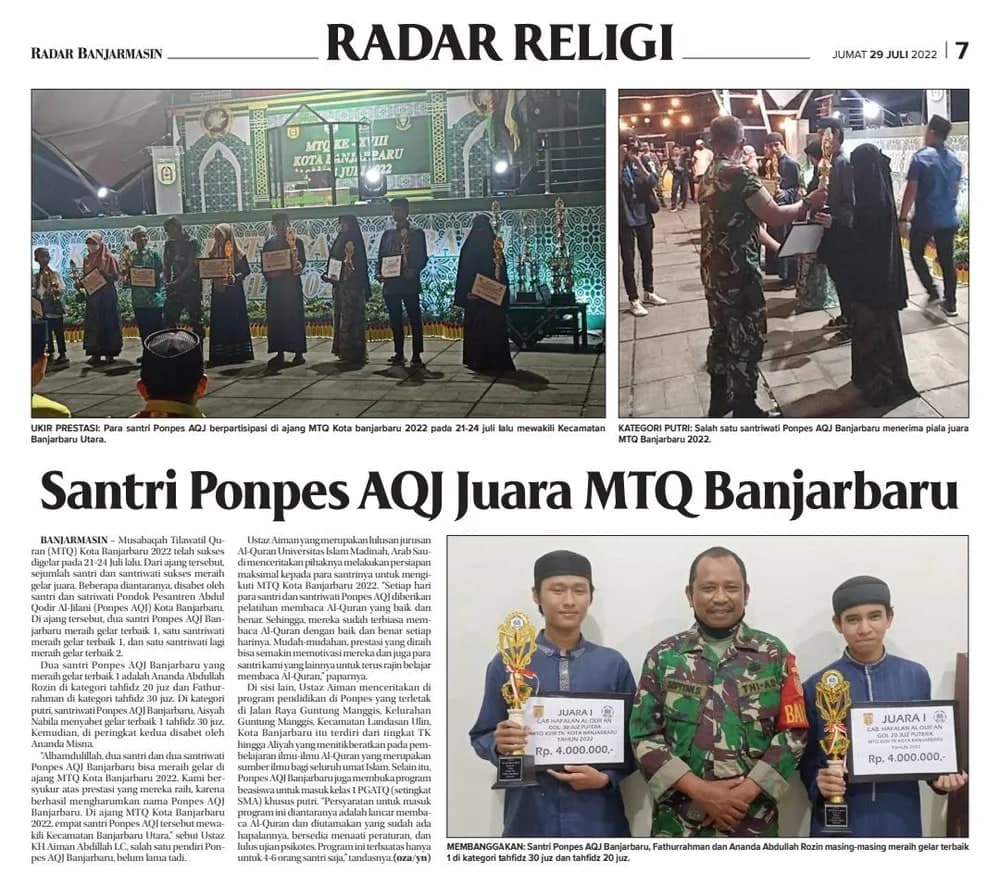 Santri Ponpes AQJ Raih Prestasi Gemilang di MTQ XVII Kota Banjarbaru