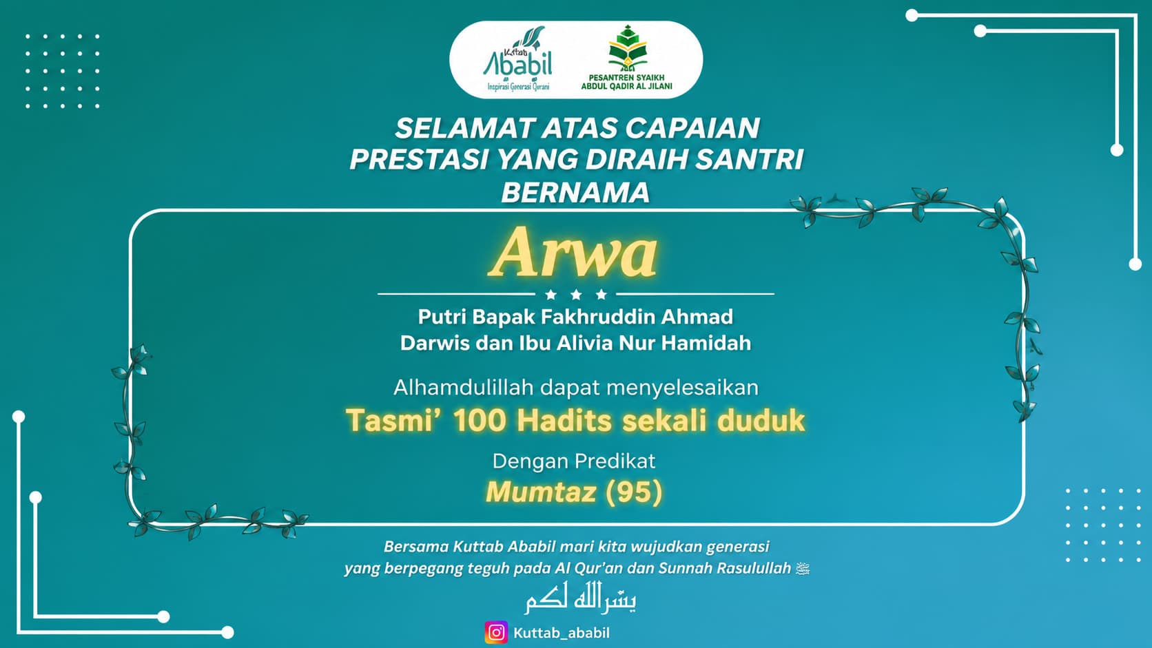 MasyaAllah, Arwa Raih Predikat Mumtaz dalam Tasmi’ 100 Hadits Sekali Duduk
