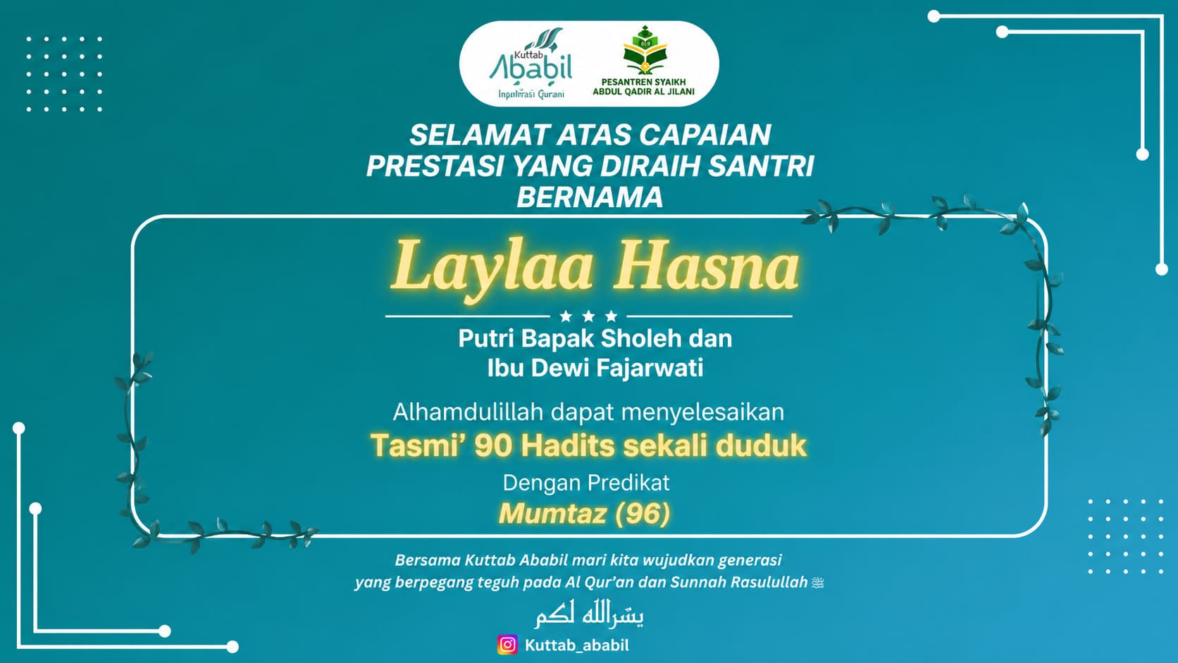 MasyaAllah, Laylaa Hasna Raih Predikat Mumtaz dalam Tasmi’ 90 Hadits Sekali Duduk