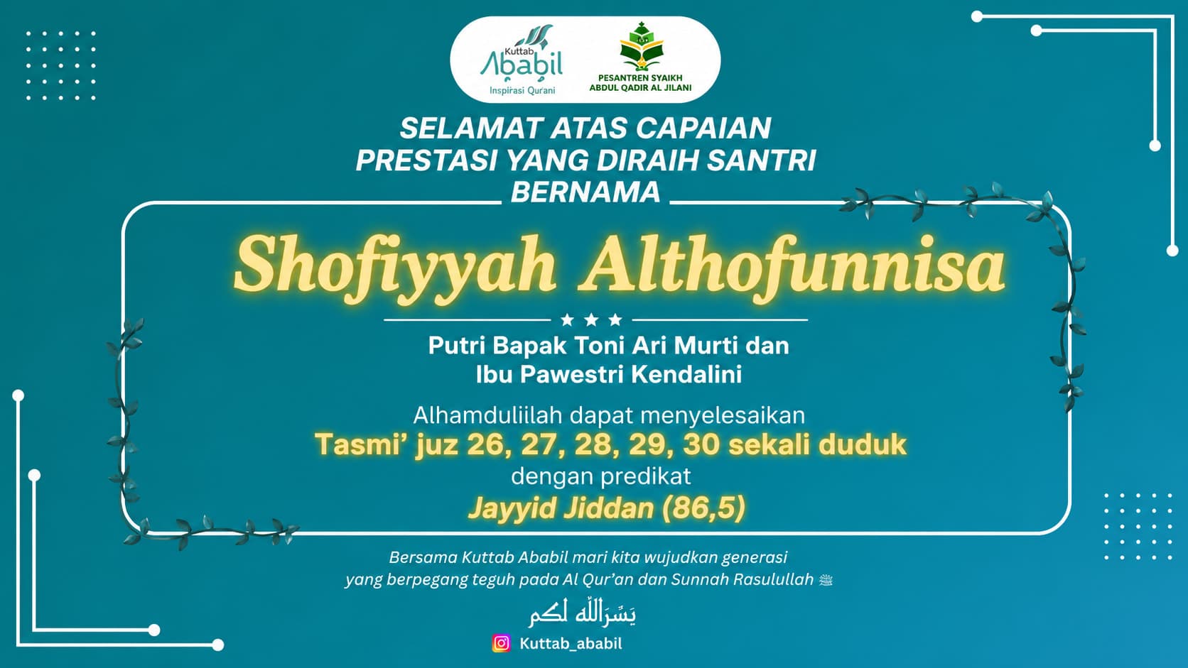 MasyaAllah, Shofiyyah Althofunnisa Selesaikan Tasmi’ Juz 26–30 Sekali Duduk