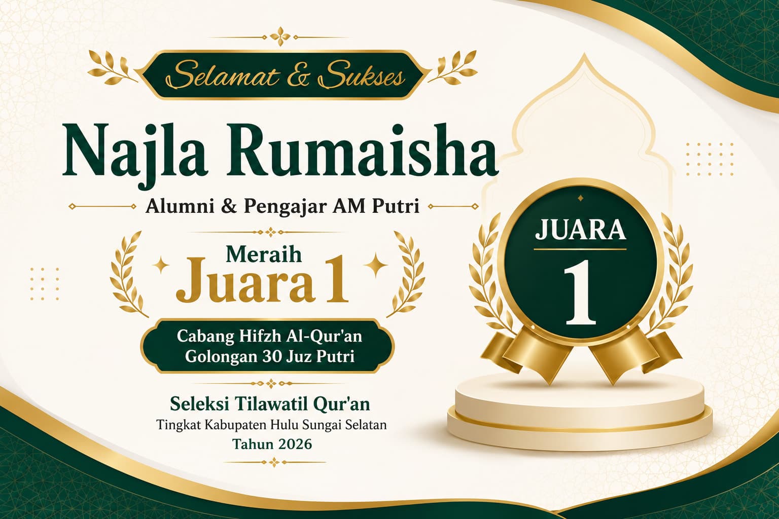 Najla Rumaisha Raih Juara 1 Hifzh Al-Qur'an 30 Juz Putri pada STQ Tingkat Kabupaten Hulu Sungai Selatan 2026